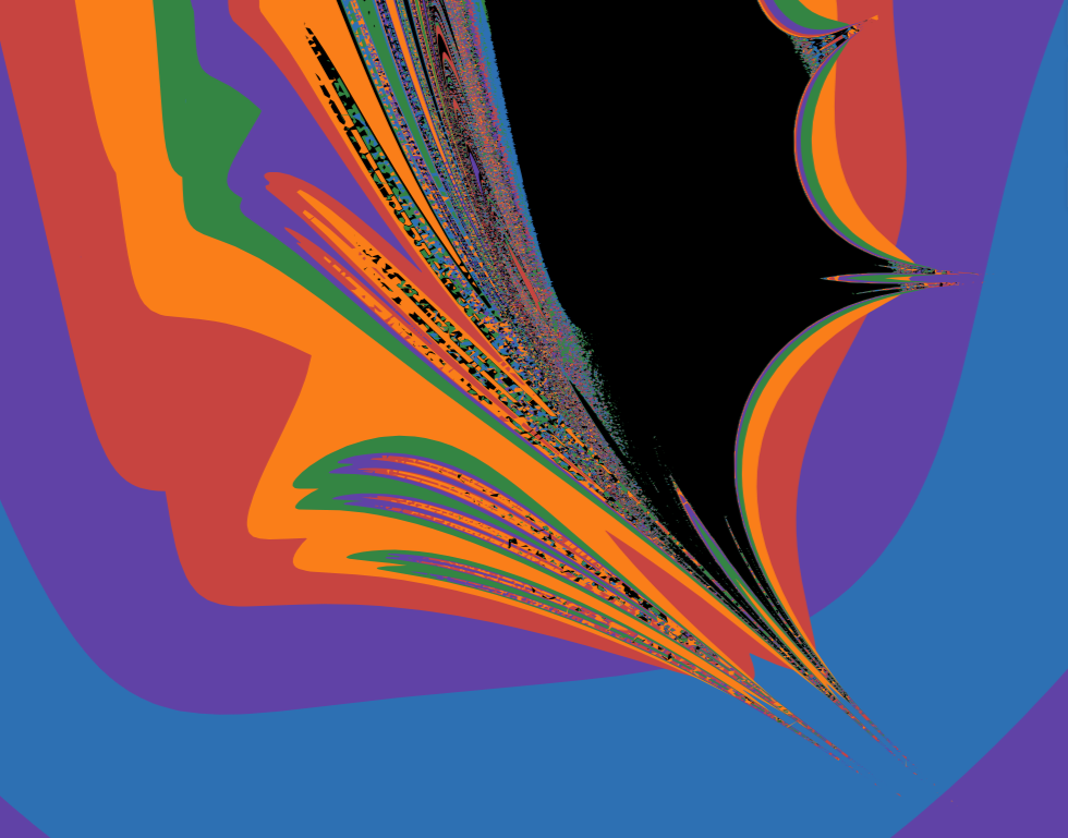 Zoomed Dolphin Fractal showing dense stripe-like textures inside broad bands