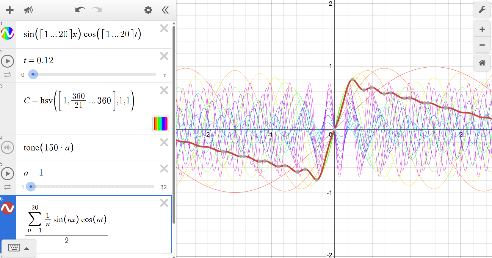 Desmos view showing 20 harmonics of sin(nx)cos(nt) with an added weighted composite (sawtooth-like) curve