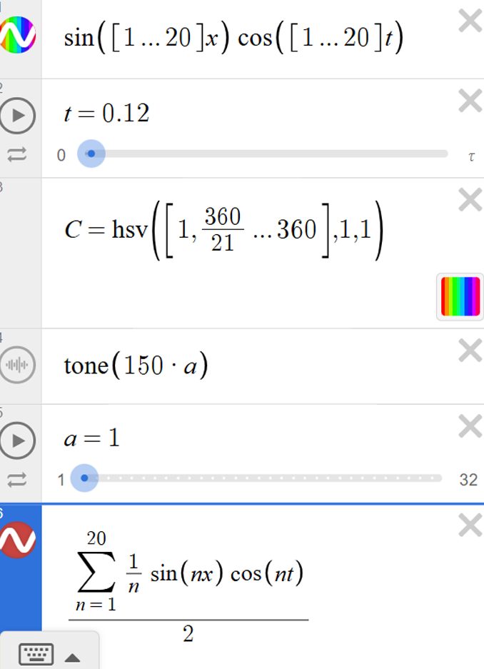 Desmos panel showing equations and sliders including t, hsv coloring, tone(), a parameter a, and the composite-wave expression