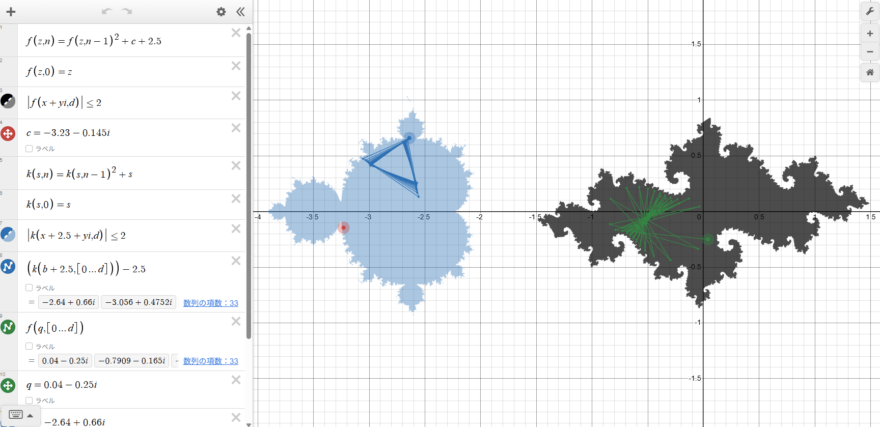 Full view showing the Mandelbrot set on the left and the corresponding Julia set on the right, with red, blue, and green pointers and orbits