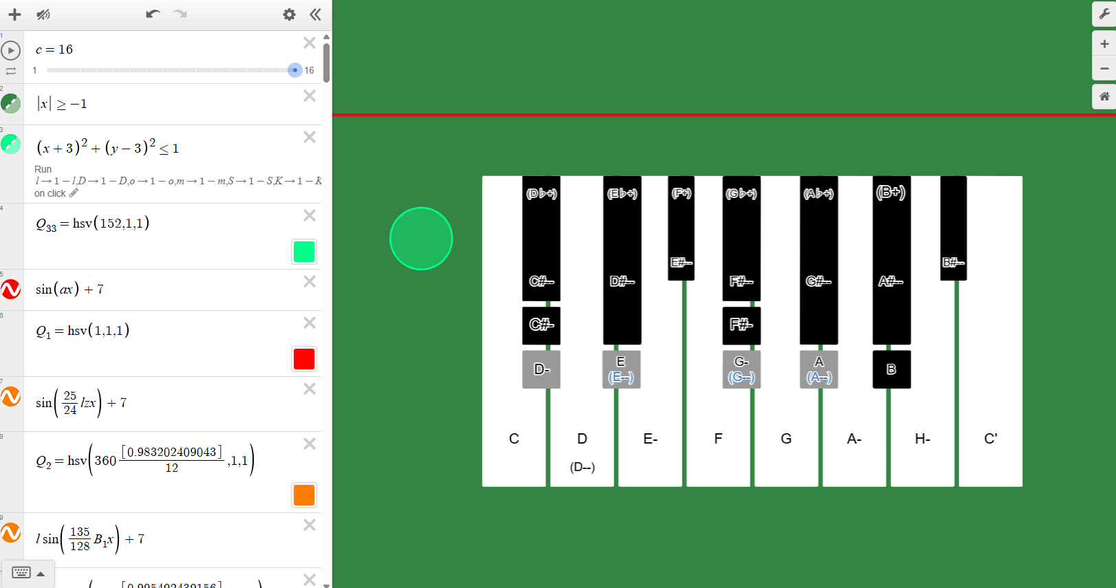 Full view of a just-intonation organ-style keyboard implemented in Desmos, with formulas and variables visible on the left side