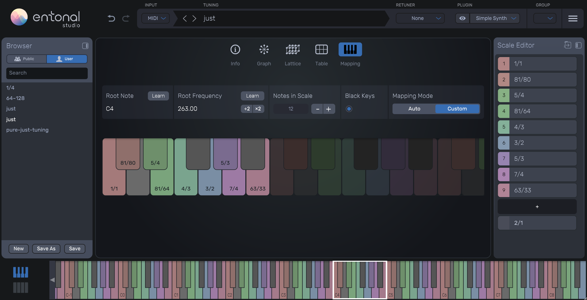 Keyboard mapping of the 9-note just scale in Entonal Studio